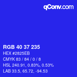 カラーコード: RGB 40 37 235 | qconv.com