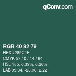カラーコード: RGB 40 92 79 | qconv.com