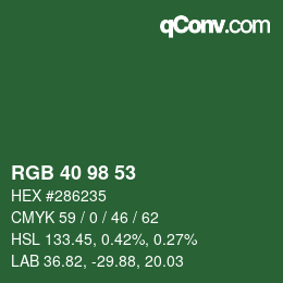 カラーコード: RGB 40 98 53 | qconv.com
