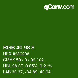 カラーコード: RGB 40 98 8 | qconv.com