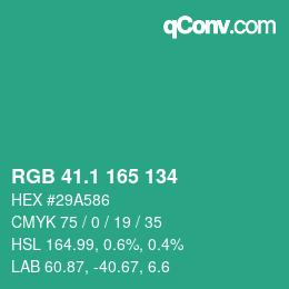 カラーコード: RGB 41.1 165 134 | qconv.com