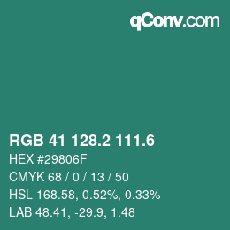 カラーコード: RGB 41 128.2 111.6 | qconv.com