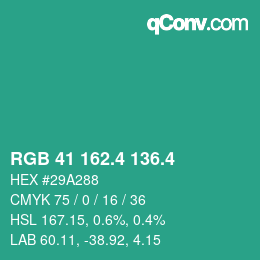 カラーコード: RGB 41 162.4 136.4 | qconv.com