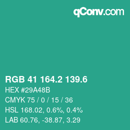 カラーコード: RGB 41 164.2 139.6 | qconv.com