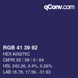 Color code: RGB 41 39 92 | qconv.com