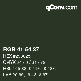 Color code: RGB 41 54 37 | qconv.com
