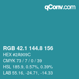 カラーコード: RGB 42.1 144.8 156 | qconv.com