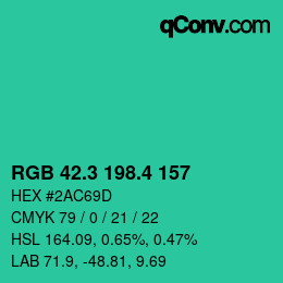 カラーコード: RGB 42.3 198.4 157 | qconv.com