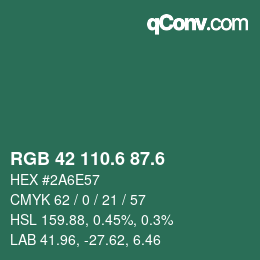 カラーコード: RGB 42 110.6 87.6 | qconv.com