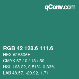カラーコード: RGB 42 128.6 111.6 | qconv.com