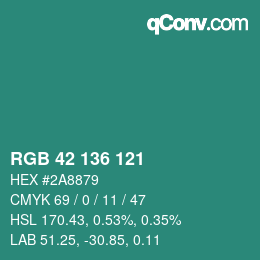 Color code: RGB 42 136 121 | qconv.com