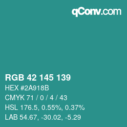 カラーコード: RGB 42 145 139 | qconv.com