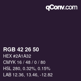 Color code: RGB 42 26 50 | qconv.com