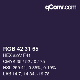 Color code: RGB 42 31 65 | qconv.com