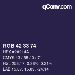 Color code: RGB 42 33 74 | qconv.com