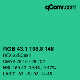 カラーコード: RGB 43.1 198.8 148 | qconv.com