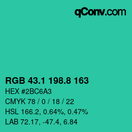 カラーコード: RGB 43.1 198.8 163 | qconv.com