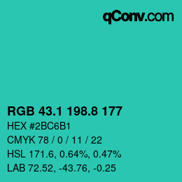 カラーコード: RGB 43.1 198.8 177 | qconv.com