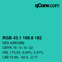 カラーコード: RGB 43.1 198.8 182 | qconv.com