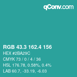 カラーコード: RGB 43.3 162.4 156 | qconv.com