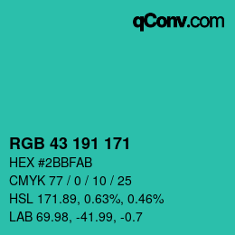 カラーコード: RGB 43 191 171 | qconv.com
