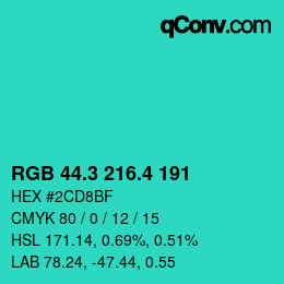 カラーコード: RGB 44.3 216.4 191 | qconv.com