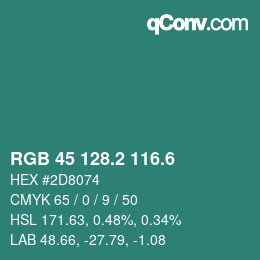 カラーコード: RGB 45 128.2 116.6 | qconv.com