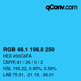 Color code: RGB 48.1 198.8 250 | qconv.com