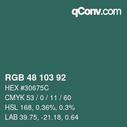 Color code: RGB 48 103 92 | qconv.com