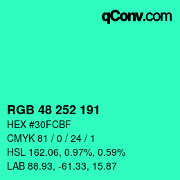 Color code: RGB 48 252 191 | qconv.com
