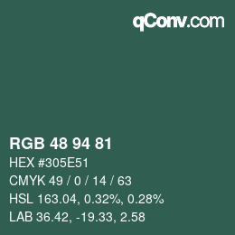 カラーコード: RGB 48 94 81 | qconv.com