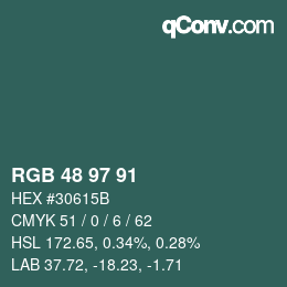 Color code: RGB 48 97 91 | qconv.com