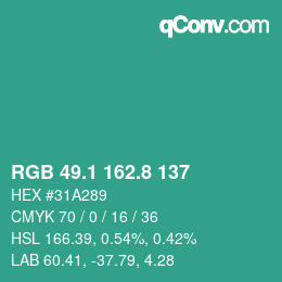 カラーコード: RGB 49.1 162.8 137 | qconv.com