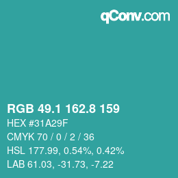 Color code: RGB 49.1 162.8 159 | qconv.com