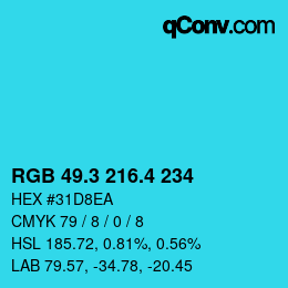 カラーコード: RGB 49.3 216.4 234 | qconv.com