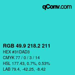 カラーコード: RGB 49.9 218.2 211 | qconv.com