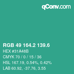 カラーコード: RGB 49 164.2 139.6 | qconv.com