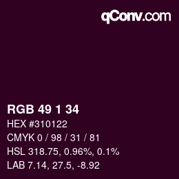 カラーコード: RGB 49 1 34 | qconv.com