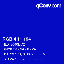 Color code: RGB 4 11 194 | qconv.com