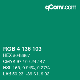 Color code: RGB 4 136 103 | qconv.com
