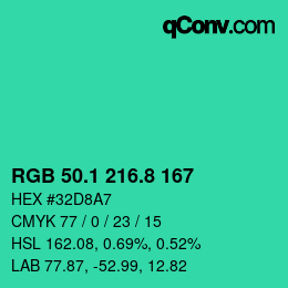 カラーコード: RGB 50.1 216.8 167 | qconv.com