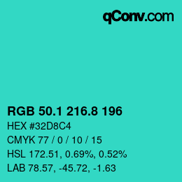 カラーコード: RGB 50.1 216.8 196 | qconv.com