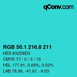 カラーコード: RGB 50.1 216.8 211 | qconv.com