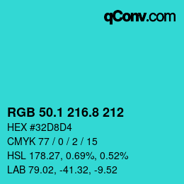 カラーコード: RGB 50.1 216.8 212 | qconv.com
