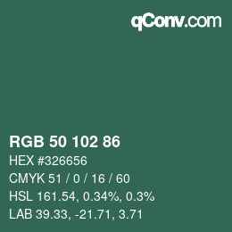 カラーコード: RGB 50 102 86 | qconv.com
