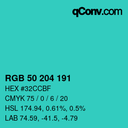 カラーコード: RGB 50 204 191 | qconv.com