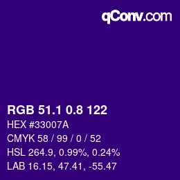 カラーコード: RGB 51.1 0.8 122 | qconv.com