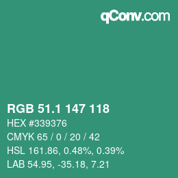 カラーコード: RGB 51.1 147 118 | qconv.com
