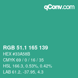 カラーコード: RGB 51.1 165 139 | qconv.com