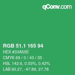 カラーコード: RGB 51.1 165 94 | qconv.com